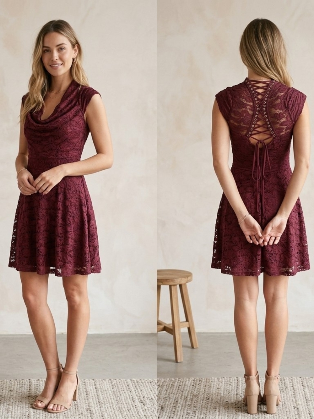 B. Darlin Burgundy Lace Open Back Mini Dress Jr Size 3/4 Coquette Party Romantic
